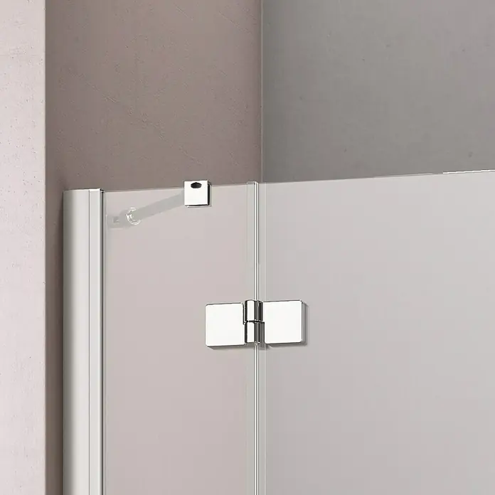 GEO Hit Eckdusche B-E430 - L x B x H: 90 x 90 x 202,2 cm, Unbeschichtet, Silber, Glasstärke: 6 mm - Detailaufnahme einer Duschkabine mit Chrombeschlägen, die das klare Design und die hochwertige Verarbeitung hervorheben.