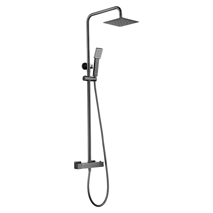 Imex Art Sistema de ducha - Grifo termostático, Black gun metal - Sistema de ducha negro con rociador de lluvia y ducha de mano para un diseño de baño moderno.