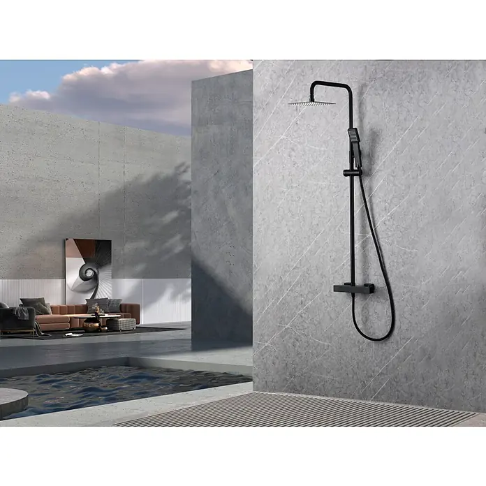 Imex Art Sistema de ducha - Grifo termostático, Negro - En la imagen se muestra un moderno sistema de ducha en negro mate, con un cabezal de ducha superior y uno de mano, aportando elegancia a un baño moderno.