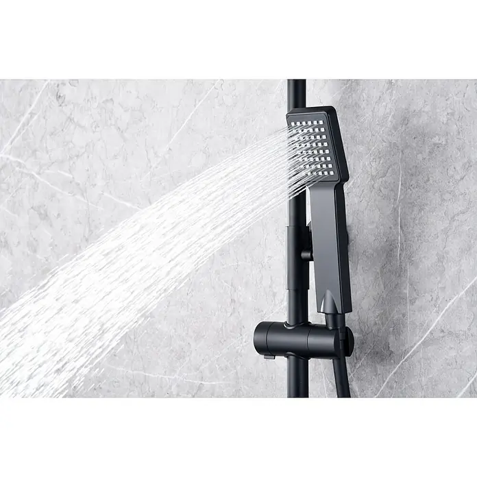 Imex Art Sistema de ducha - Grifo termostático, Negro - El moderno grifo de ducha negro con cabezal cuadrado ofrece una experiencia de ducha elegante. El agua fluye con fuerza y uniformidad.