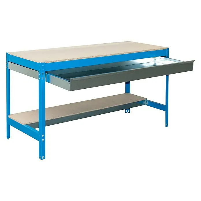 Simonrack Simonwork Werkbank BT0 Box 900 - L x B: 61 x 91 cm, Arbeitshöhe: 84,2 cm, Belastbarkeit: 685 kg, Blau/Holz - Werkbank mit blauen Beinen, einer Holzplatte und einer ausziehbaren Schublade für Werkzeuge und Zubehör.