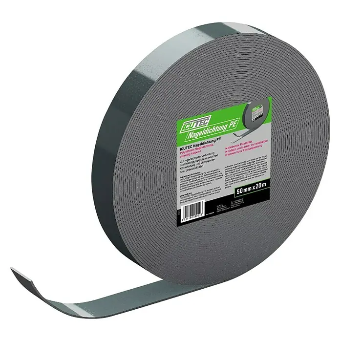 Icutec Nageldichtband - L x B: 20 m x 5 cm - ICUTEC Nageldichtung PE: Polyethylen Nageldichtung, einseitig klebend, zur regensicheren Verklebung, 50mm x 20m.