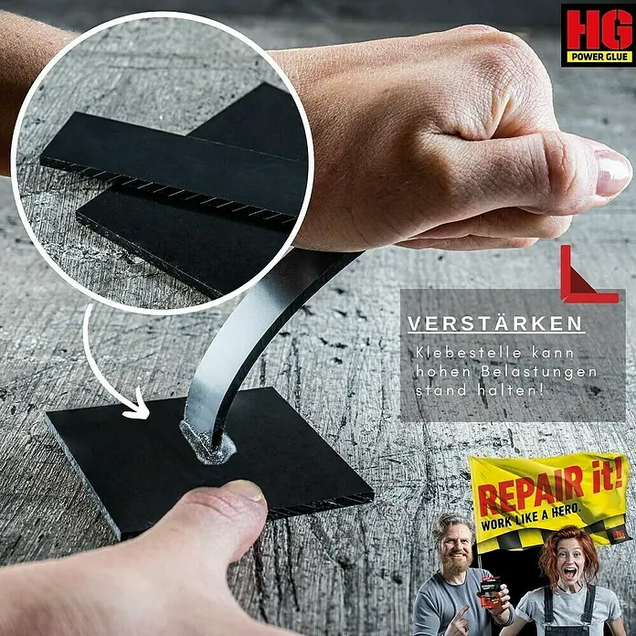 HG Power Glue Kleber-Set Klebstoff und Granulat - 15 g, 2 -tlg., Flasche - Detailaufnahme von HG Power Glue bei der Anwendung, zeigt die Klebekraft und die Fähigkeit, Belastungen standzuhalten.