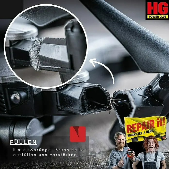 HG Power Glue Kleber-Set Klebstoff und Granulat - 15 g, 2 -tlg., Flasche - Das Bild zeigt die Anwendung des HG Power Glue zur Reparatur von Rissen und Brüchen an einem schwarzen Kunststoffobjekt.