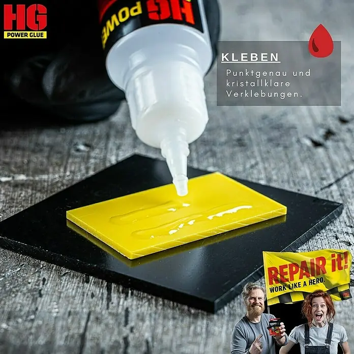 HG Power Glue Kleber-Set Klebstoff und Granulat - 15 g, 2 -tlg., Flasche - Nahaufnahme von HG Power Glue beim Auftragen auf eine gelbe Oberfläche, ideal für präzise und kristallklare Verklebungen.