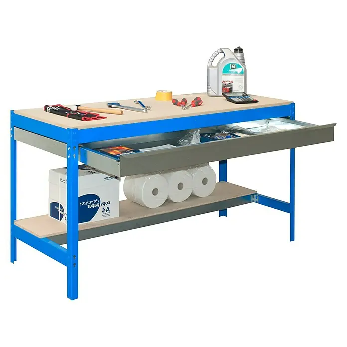 Simonrack Simonwork Werkbank BT0 Box 900 - L x B: 61 x 91 cm, Arbeitshöhe: 84,2 cm, Belastbarkeit: 685 kg, Blau/Holz - Werkbank mit Schublade und Werkzeugen, ideal für Heimwerker und Profis. Robuste Konstruktion für vielseitige Arbeiten.