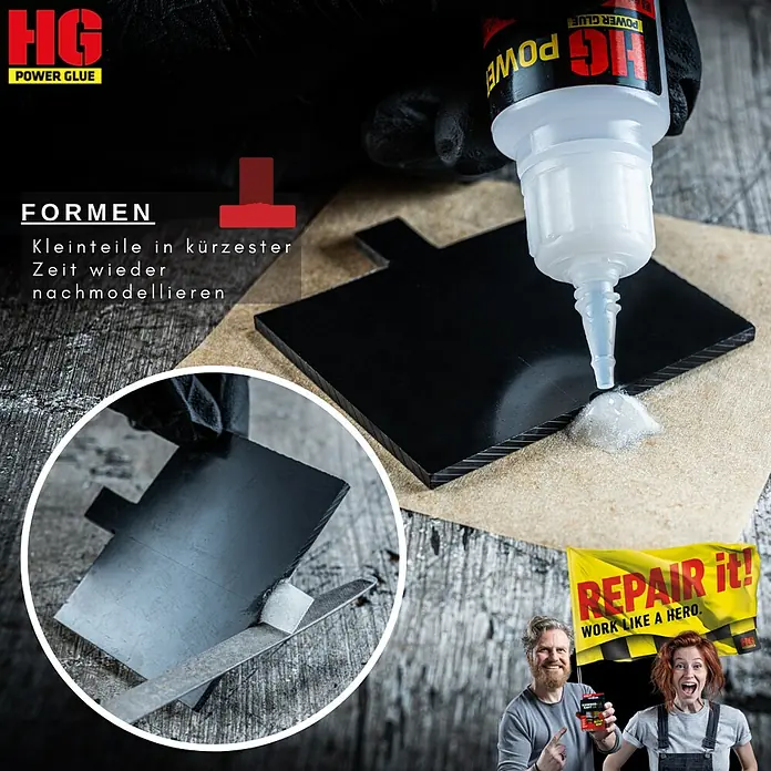 HG Power Glue Kleber-Set Klebstoff und Granulat - 15 g, 2 -tlg., Flasche - Das Bild zeigt eine Flasche HG Power Glue beim Kleben eines schwarzen Objekts, mit dem Slogan "REPAIR it! WORK LIKE A HERO." im Hintergrund.