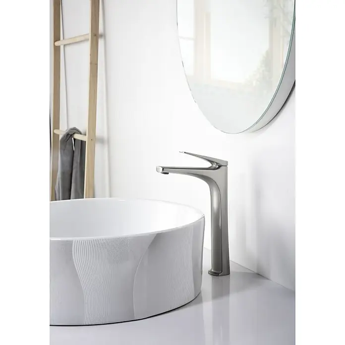 Imex Delos Grifo de lavabo alto - Acero - Elegante lavabo de baño con grifo moderno y espejo redondo, que combina diseño elegante con funcionalidad.