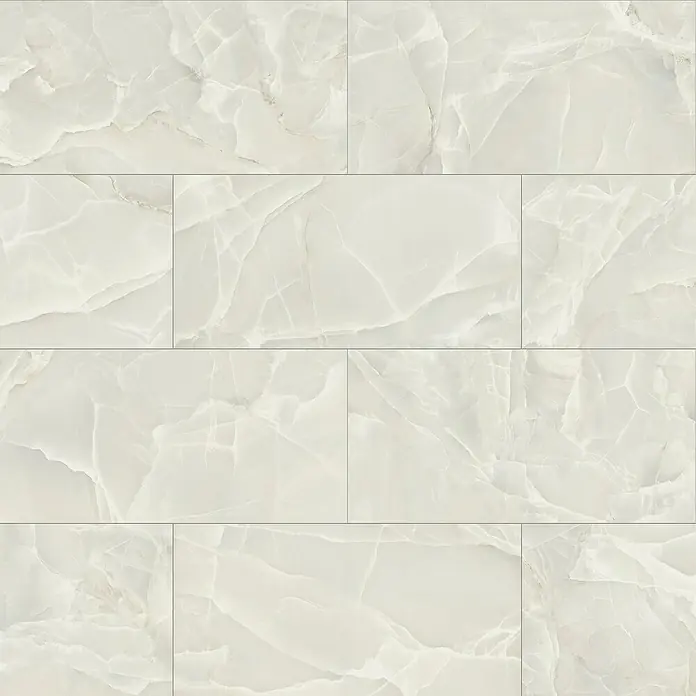 Feinsteinzeugfliese Palace Sabbia - 60 x 120 cm, Beige, Glänzend - Nahaufnahme von hellen Onyx-Fliesen, die ein luxuriöses und elegantes Erscheinungsbild für moderne Innenräume bieten. Die feinen Marmorierungen verleihen Tiefe.
