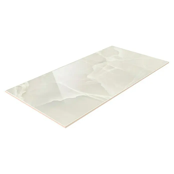 Feinsteinzeugfliese Palace Sabbia - 60 x 120 cm, Beige, Glänzend - Nahaufnahme einer einzelnen, rechteckigen Fliese mit cremefarbenem Marmormuster und glänzender Oberfläche, ideal für moderne Innenräume.