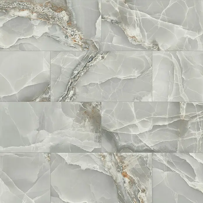 Feinsteinzeugfliese Palace Grey - 60 x 120 cm, Hellgrau, Glänzend - Nahaufnahme von grauen Marmorfliesen mit einzigartigen Maserungen, ideal für moderne Innenräume.