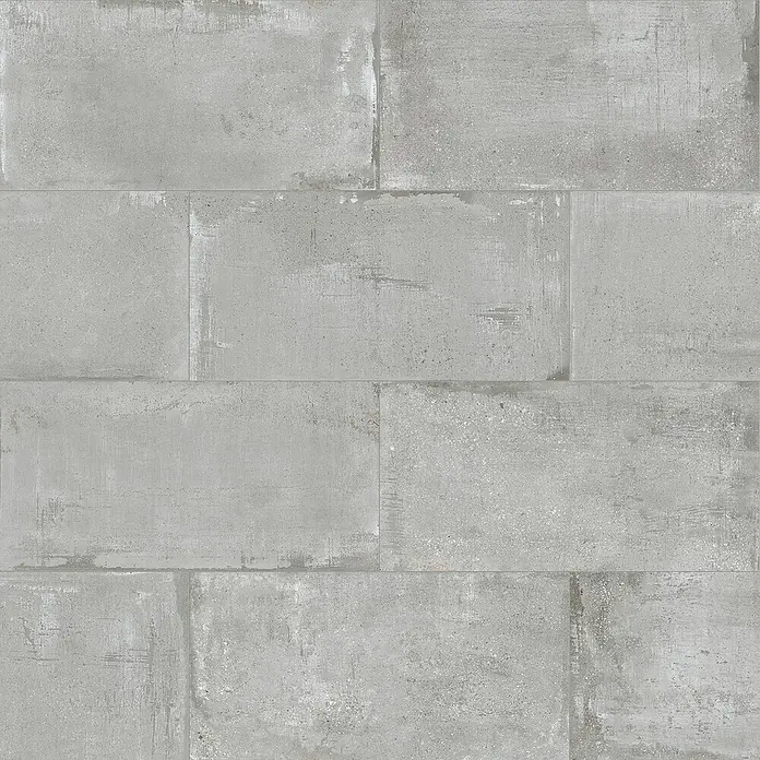 Feinsteinzeugfliese Bond Ash - 60 x 120 cm, Grau, Matt - Graue Ziegelwand mit leicht strukturierter Oberfläche. Die Ziegel haben ein modernes, industrielles Aussehen, ideal für Akzentwände.