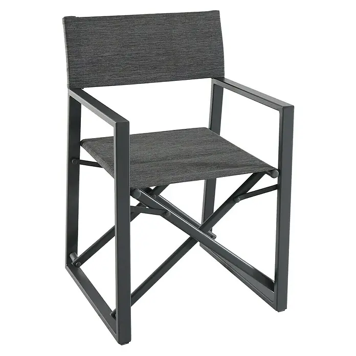 Gartenmöbel-Set Carina/Maja I - 7 -tlg., Akazie/Textilen/Metall, Naturbraun/Anthrazit, Tischplatte ausziehbar - Moderner grauer Regiestuhl mit Armlehnen und Stoffbezug für entspanntes Sitzen im Garten oder auf der Terrasse.