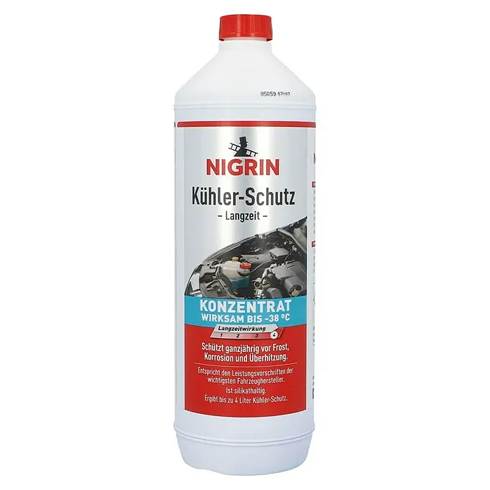 Nigrin Kühlerschutz Langzeit - 1 l, -38 °C - Abbildung einer Flasche Nigrin Kühler-Schutz Langzeit Konzentrat, das bis -38 °C wirksam ist und vor Frost, Korrosion und Überhitzung schützt.