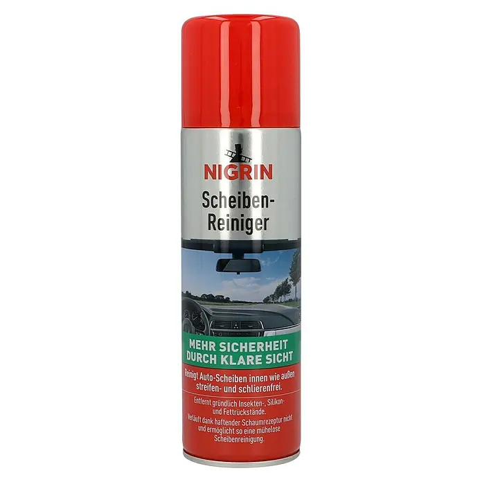 Nigrin Scheibenreiniger - 300 ml - Abbildung einer Sprühdose Nigrin Scheibenreiniger. Für mehr Sicherheit durch klare Sicht beim Autofahren, zur Reinigung von Autoscheiben.