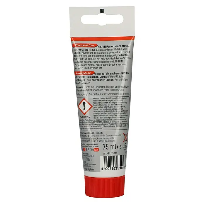 Nigrin Performance Metall-Politurpaste - 75 ml, Unlackierte Metalle - Nahaufnahme einer NIGRIN Performance Metallpoliturpaste Tube.