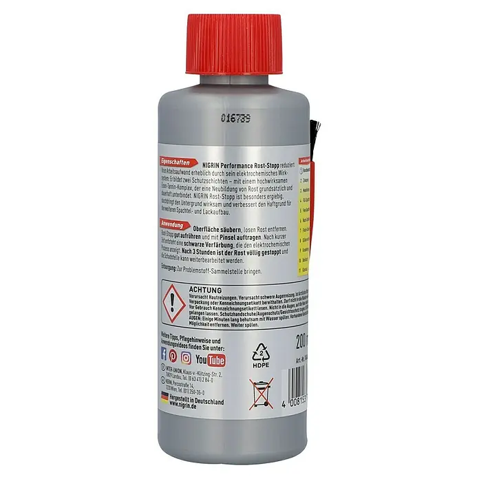 Nigrin Rost-Blocker - 200 ml - Flasche Nigrin Performance Rost-Stopp mit Produktinformationen und Warnhinweisen auf der Rückseite.
