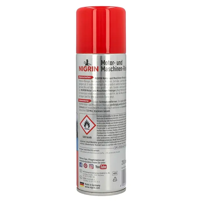 Nigrin Motor- & Maschinenreiniger - 250 ml - Abbildung einer Dose Nigrin Motor- und Maschinenreiniger in Rot und Silber mit detaillierten Produktinformationen.