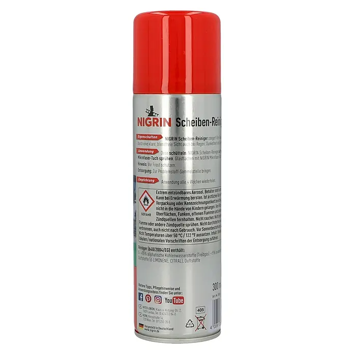 Nigrin Scheibenreiniger - 300 ml - Abbildung einer Sprühdose Nigrin Scheiben-Reiniger. Das Produkt verspricht klare Sicht bei jedem Wetter und enthält wichtige Sicherheitshinweise.