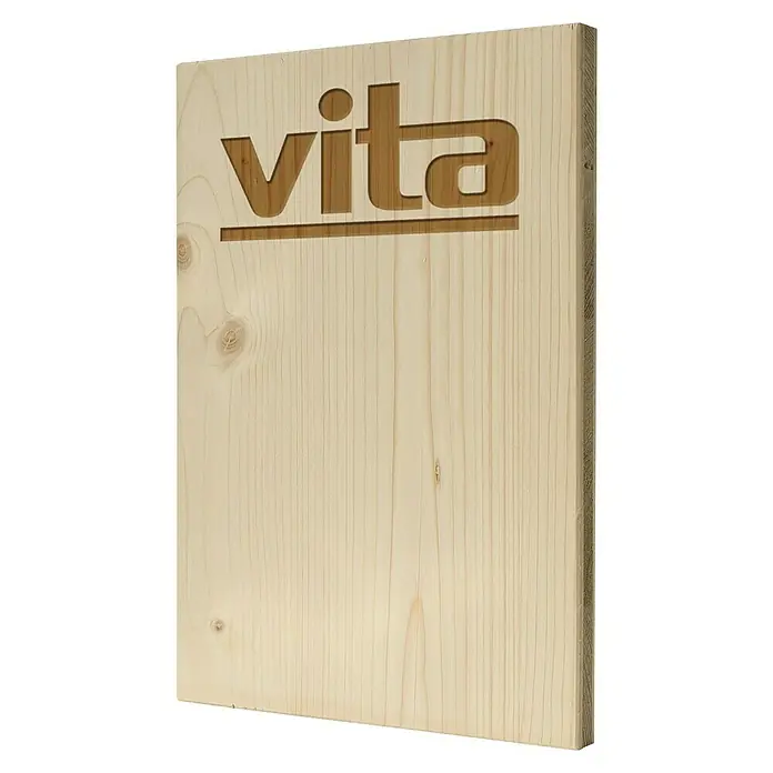 elka 3-Schichtplatte Vita - Fichte, 2.500 x 660 x 19 mm - Holzbrett mit dem Schriftzug "Vita" und einer Rille darunter, eine rustikale Dekoration für Ihr Zuhause.