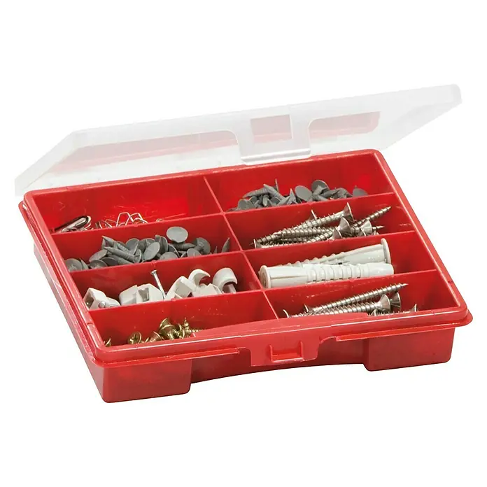 Lockweiler Kleinteilekoffer Ordinus 1-8 - Anzahl Fächer: 8 Stk., 180 x 150 x 36 mm - Sortimentskasten mit verschiedenen Schrauben, Dübeln, Nägeln und Befestigungsmaterialien, ideal für Heimwerker und Handwerker.