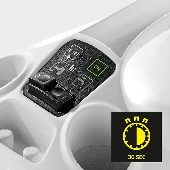 Kärcher Dampfreiniger SC 3 EasyFix - 1.900 W, Aufheizzeit: 0,5 min, Behältervolumen: 1 l - Nahaufnahme der Steuerungselemente eines Kärcher Reinigungsgeräts, inklusive An/Aus-Schalter und Reset-Taste.