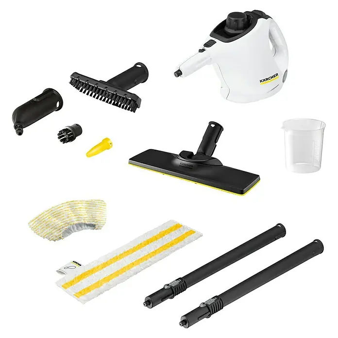 Kärcher Dampfreiniger SC 1 EasyFix - 1.200 W, Aufheizzeit: 3 min, Behältervolumen: 0,2 l - Das Bild zeigt einen Kärcher Dampfreiniger mit Zubehör, inklusive Düsen, Bürsten und Tüchern. Ideal für die Reinigung im Haushalt.