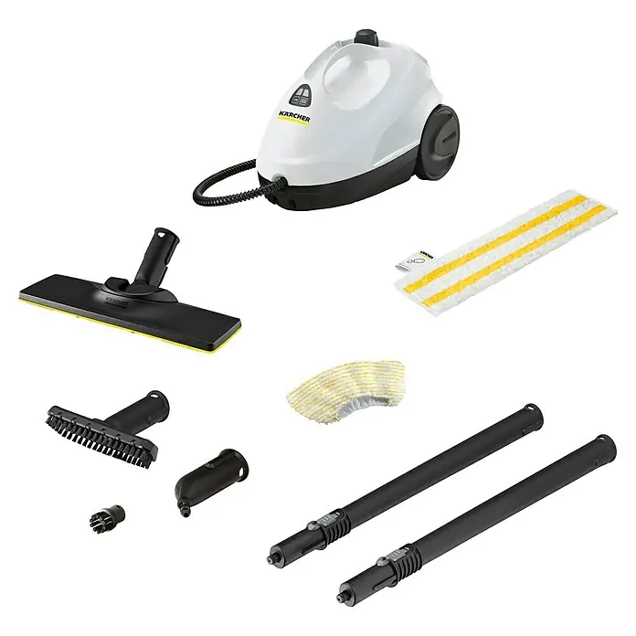Kärcher Dampfreiniger SC 2 EasyFix - 1.500 W, Aufheizzeit: 6,5 min, Behältervolumen: 1 l - Produktbild des Kärcher Dampfreinigers mit Zubehör, ideal für die gründliche Reinigung verschiedener Oberflächen.