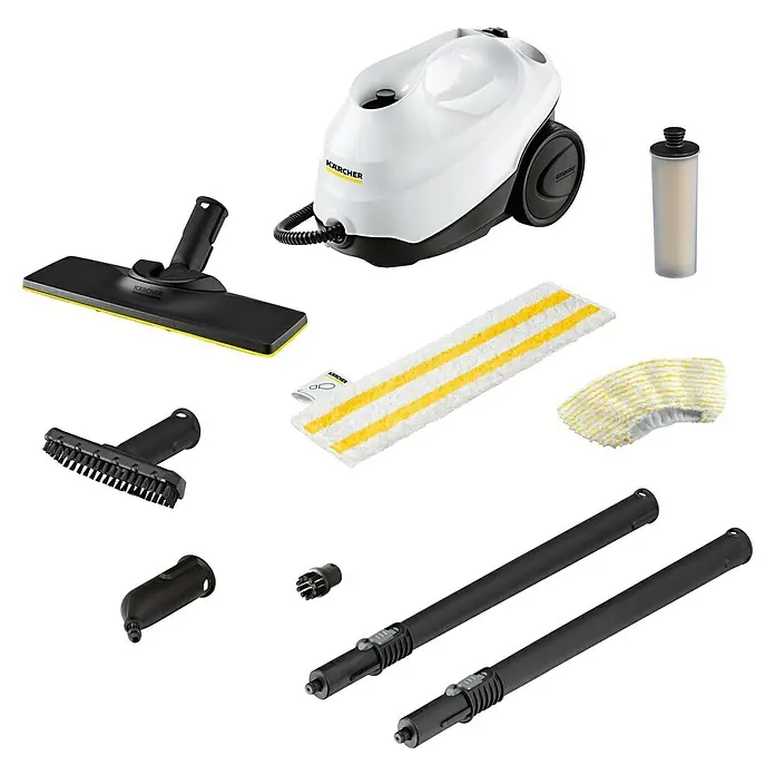 Kärcher Dampfreiniger SC 3 EasyFix - 1.900 W, Aufheizzeit: 0,5 min, Behältervolumen: 1 l - Das Bild zeigt den Kärcher Dampfreiniger SC 3 EasyFix Premium mit Zubehör für eine gründliche und vielseitige Reinigung im ganzen Haus.