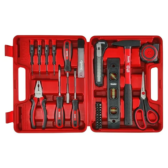 KWB Werkzeugkoffer - L x B x H: 24 x 31,5 x 8,5 mm, 35 -tlg. - Ein roter KWB-Werkzeugkoffer, gefüllt mit einer Vielzahl von Werkzeugen, darunter Schraubendreher, Zangen, Hammer und mehr.