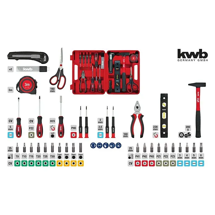 KWB Werkzeugkoffer - L x B x H: 24 x 31,5 x 8,5 mm, 35 -tlg. - Abbildung eines KWB Werkzeugsortiments mit verschiedenen Schraubendrehern, Bits, Hammer, Zange, Cutter und weiterem Zubehör.