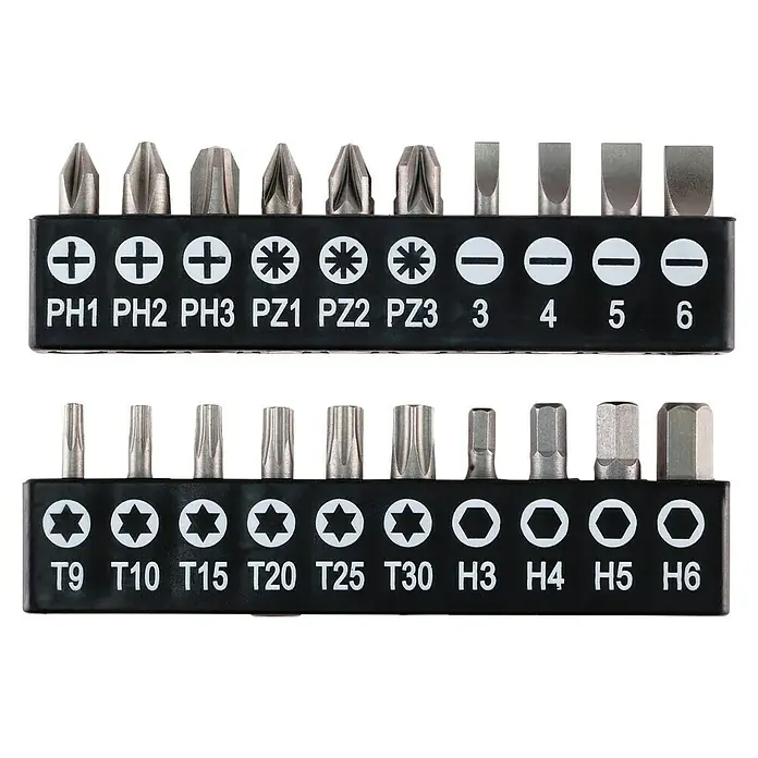 KWB Werkzeugkoffer - L x B x H: 24 x 31,5 x 8,5 mm, 35 -tlg. - Dieses Bild zeigt ein Set mit verschiedenen Schraubendreher-Bits in einem Halter, darunter Phillips, Schlitz, Torx und Innensechskant.