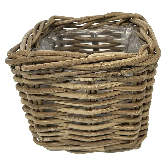 Van der Leeden Pflanzkasten - L x B x H: 21 x 21 x 19 cm, Rattan, Grau - Nahaufnahme eines geflochtenen Korbes mit Plastikeinsatz, ideal für Pflanzen oder Dekorationen. Natürliche Optik, handgefertigt und robust.