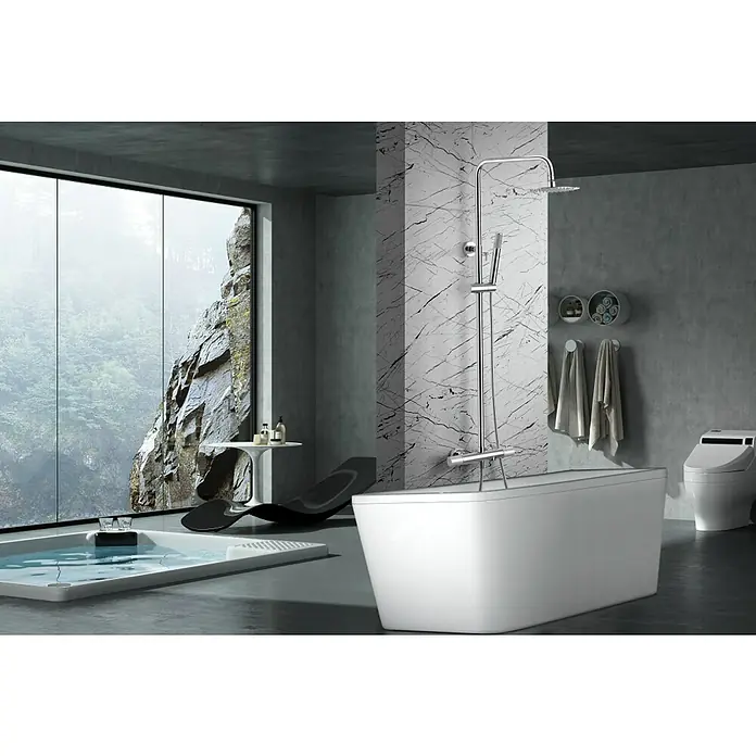 Imex Line Sistema de ducha / bañera - Con grifo termostático, Número de tipos de chorro: 1 ud., Cromo - Un baño moderno con una bañera independiente y una ducha de lluvia que promete una experiencia de baño relajante.