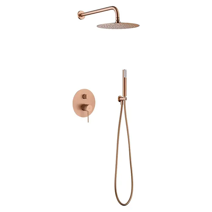 Imex Line Sistema de ducha empotrado - Cromo - Sistema de ducha en color cobre. Incluye un cabezal de ducha de lluvia, una ducha de mano y un grifo, para un diseño de baño moderno.