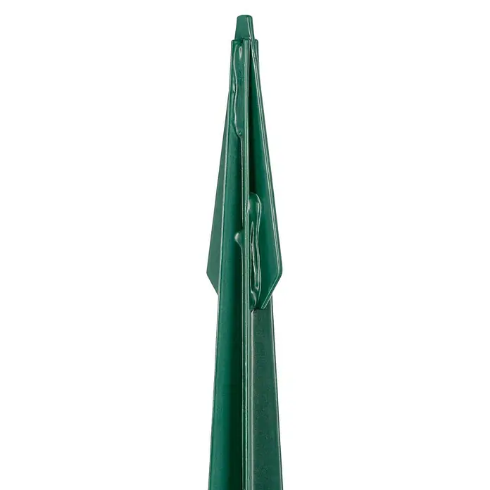 Einschlagbodenhülse SPIKX - 750 x 71 x 71 mm, Grün - Nahaufnahme einer grünen Pflanzenstütze aus Kunststoff, ideal für Gartenarbeiten und Pflanzenbefestigung.