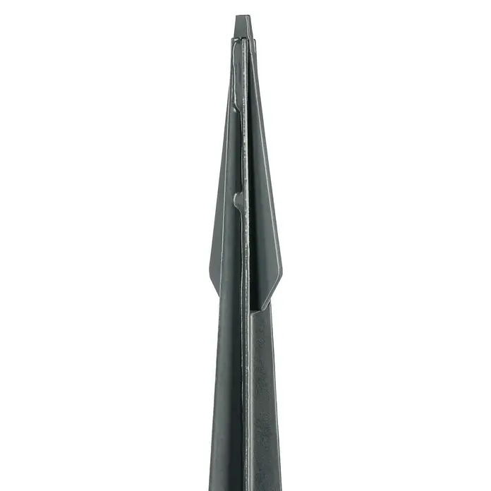 Einschlagbodenhülse SPIKX - 900 x 71 x 71 mm, Anthrazit - Detailaufnahme eines schwarzen Gerätehalters aus Kunststoff mit einer Spitze, ideal für Gartenwerkzeuge und zur Befestigung im Erdreich.