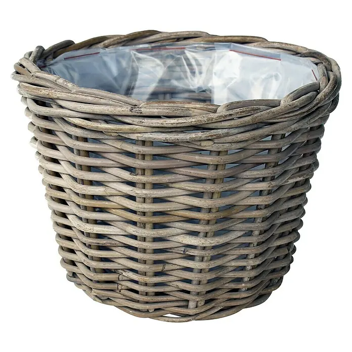 Van der Leeden Pflanzkorb - Ø x H: 35 x 25 cm, Rattan, Grau - Ein handgefertigter, runder Korb aus Weide mit Plastikeinsatz, ideal für Pflanzen und Dekoration. Robuste und natürliche Optik.