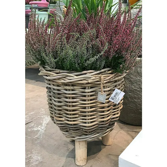 Van der Leeden Pflanzkorb - Ø x H: 41 x 54 cm, Rattan, Grau - Blumenkorb aus Weide mit Heidekraut in verschiedenen Farben. Der Korb steht auf drei hellen Holzbeinen und hat ein Preisschild.