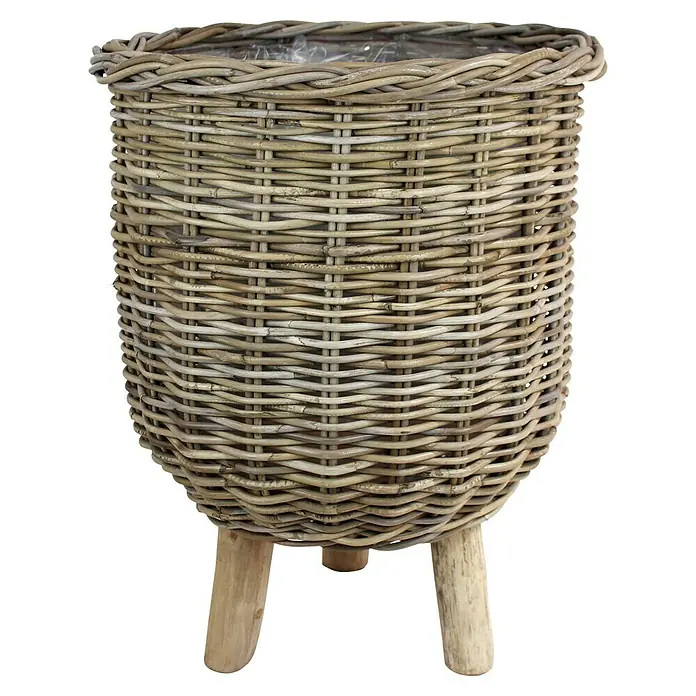 Van der Leeden Pflanzkorb - Ø x H: 41 x 54 cm, Rattan, Grau - Attraktiver, geflochtener Pflanzenständer mit drei Holzbeinen. Ein stilvolles Wohnaccessoire für Pflanzenliebhaber.