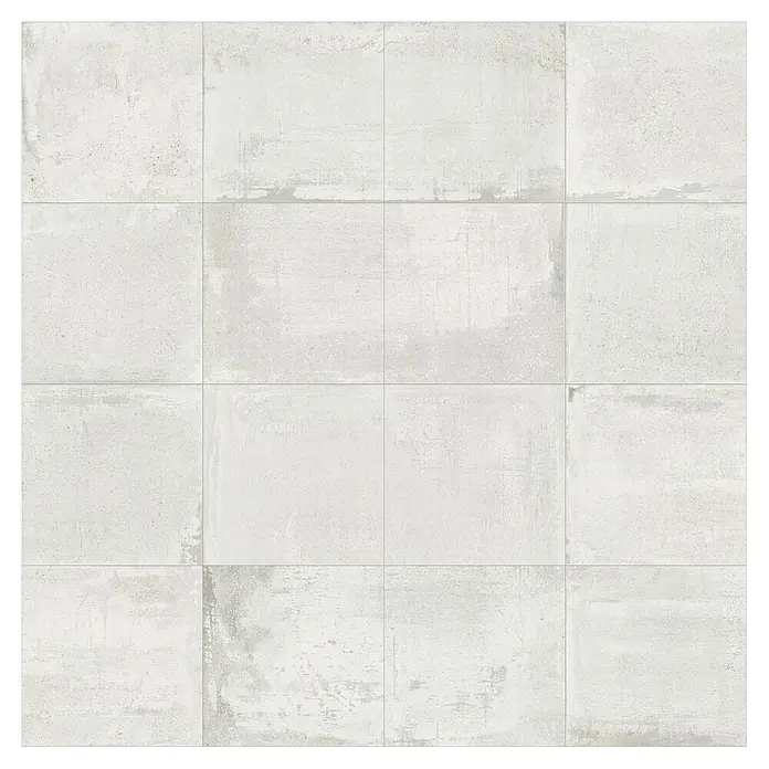 Feinsteinzeugfliese Bond White - 60 x 60 cm, Weiß, Matt - Graue Zementfliesen mit leicht strukturierten Oberflächen, angeordnet in einem quadratischen Muster.