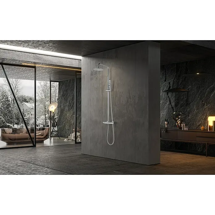 Imex Nápoles Sistema de ducha - Grifo termostático, Cromo - Elegante sistema de ducha en un baño moderno. El diseño esbelto de la ducha complementa perfectamente la estética minimalista.