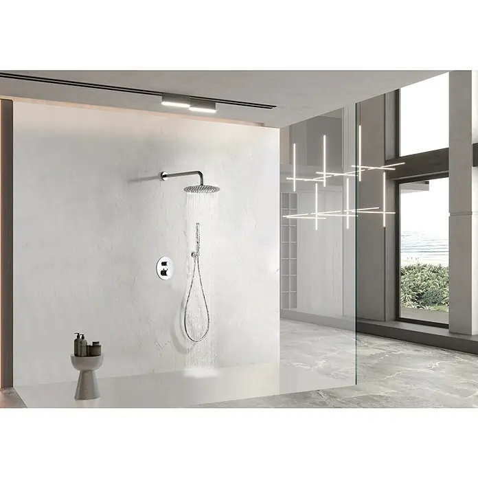 Imex Nápoles Sistema de ducha empotrado - Cromo - Baño moderno con un elegante conjunto de ducha de diseño minimalista y mampara de cristal.