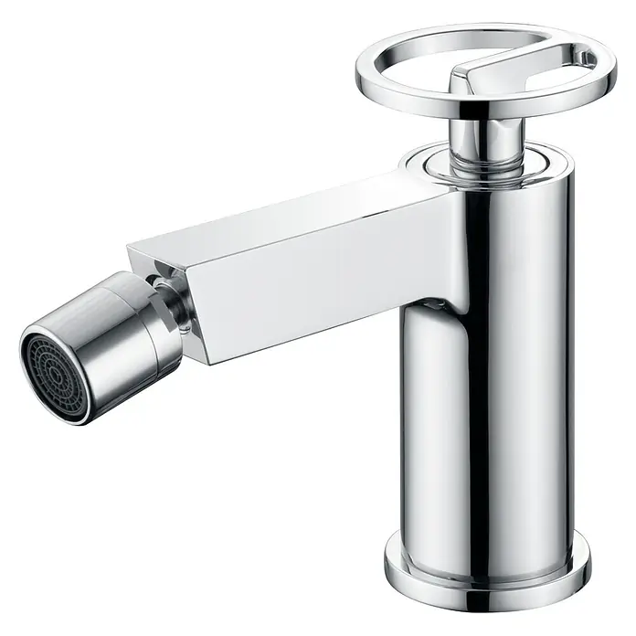 Imex Olimpo Grifo monomando de bidé - Cromo - Un moderno mezclador de lavabo cromado con un mango circular y un caño preciso, que combina funcionalidad y diseño elegante.