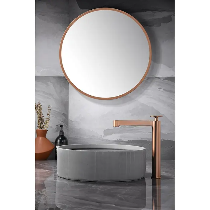 Imex Olimpo Grifo de lavabo alto - Oro rosa - Elegante lavabo de baño con espejo redondo y grifo elegante con aspecto de cobre, que ofrece una estética moderna y chic.