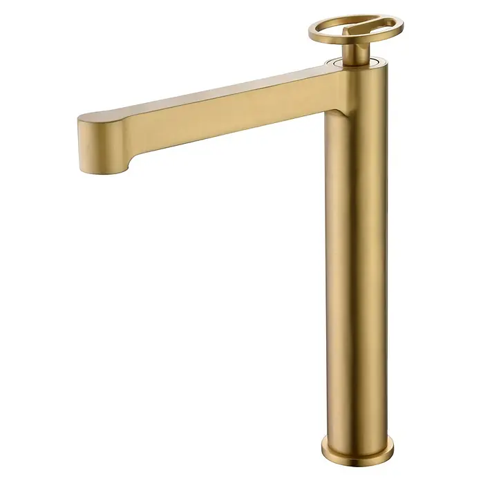 Imex Olimpo Grifo de lavabo alto - Oro - Grifo dorado para baño con diseño moderno y mando redondo, ideal para lavabos elegantes.