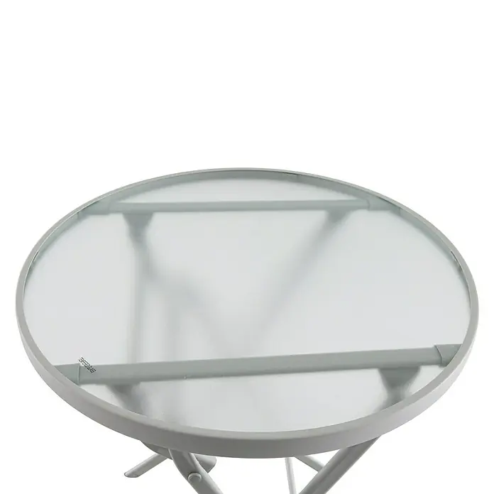 Sunfun Conjunto de muebles de balcón Miren - 3 pzs. - Primer plano de una mesa de jardín redonda con una mesa de vidrio templado y una estructura metálica robusta.