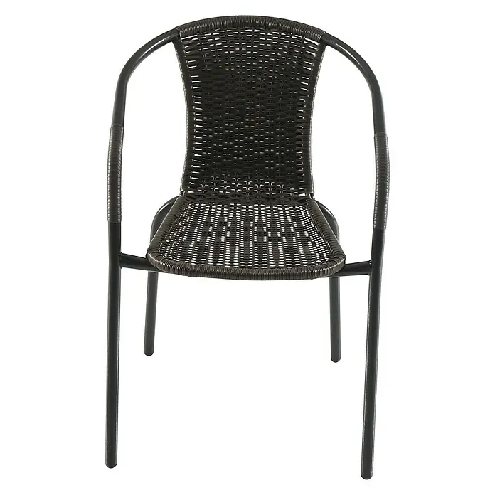 Sunfun Silla de jardín Melisa - Marrón, Acero/Ratán sintético, Apilable - Una silla de ratán marrón con estructura metálica, ideal para exteriores. La silla tiene un respaldo curvo y reposabrazos para sentarse cómodamente.