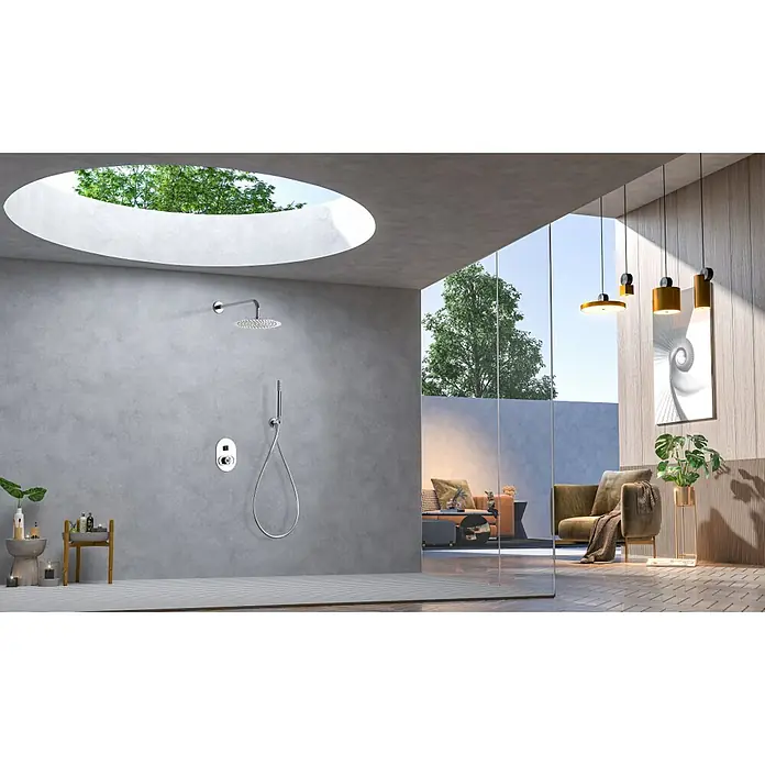 Imex Olimpo Sistema de ducha empotrado - Con grifo monomando, Cromo - Diseño de baño moderno con ducha elegante, accesorios minimalistas y luz natural de una claraboya.
