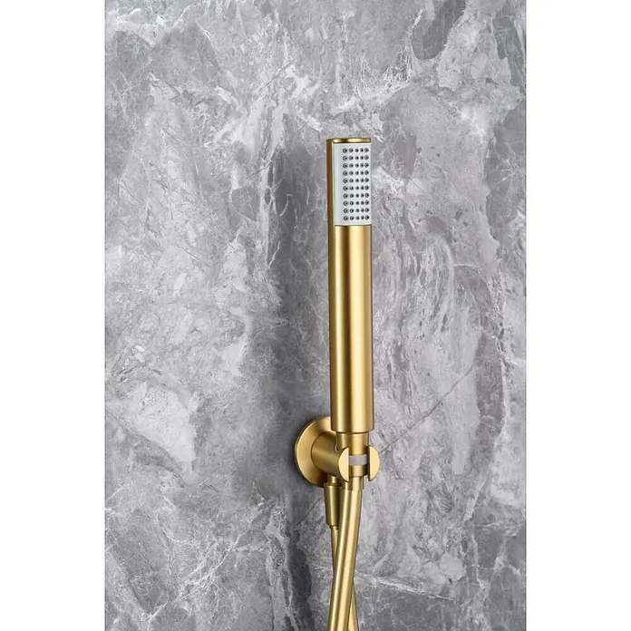 Imex Olimpo Sistema de ducha empotrado - Oro - Barra de ducha dorada con cabezal rectangular, perfecta para diseños de baños modernos, ofreciendo lujo y estilo.